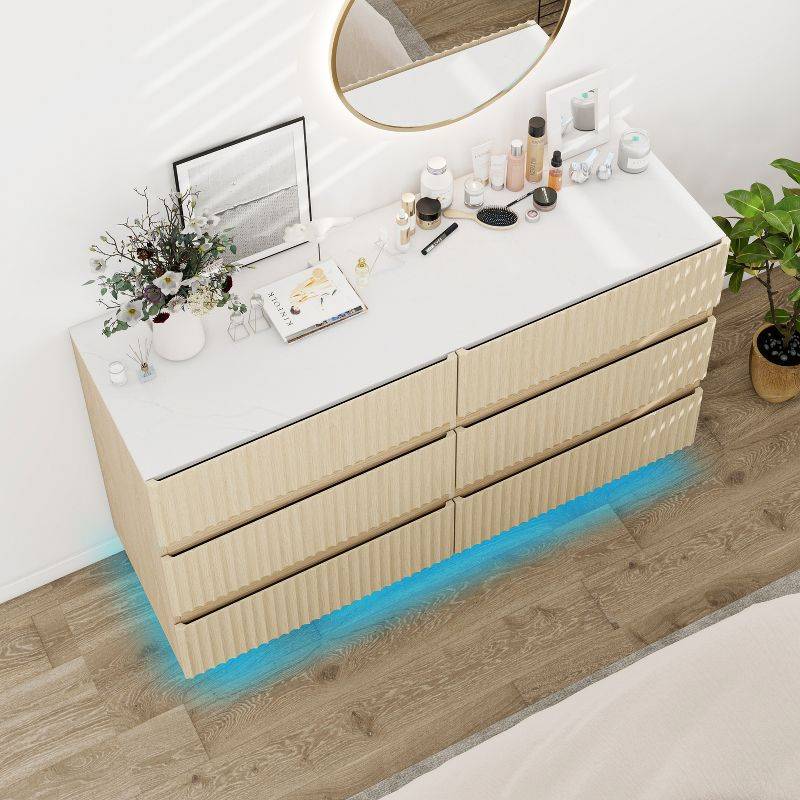 47.24 Inch  6 Drawer Dresser, Double Drawer Chest, Modern Drawer Chest With Led, Drawer Organizer Beige