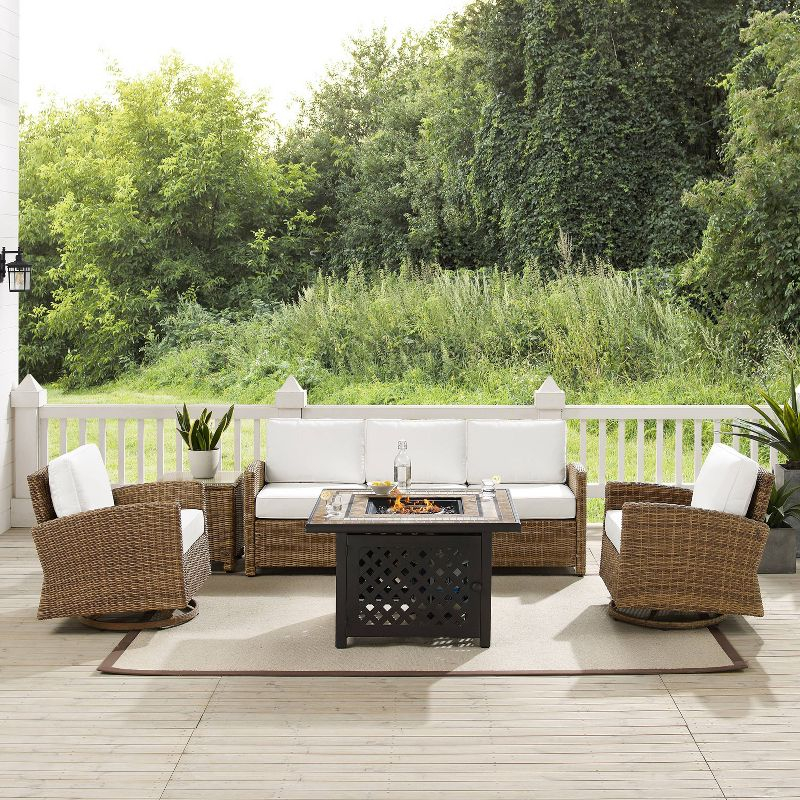 Crosley 5pc Bradenton Swivel Steel Outdoor Patio Fire Pit Furniture Set with Sunbrella White/Brown: Resin Wicker, Gas Control