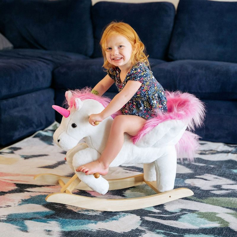 Qaba Kids Rocking Horse, Wooden Plush Ride-On Unicorn Chair Toy with Lullby Song for 18-36 months children