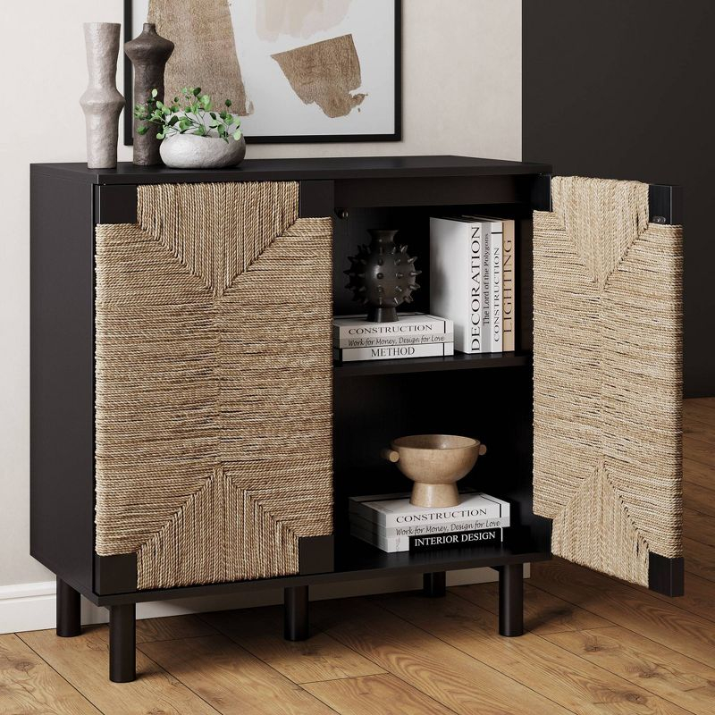 Beacon Wood and Seagrass 2 Door Storage Cabinet Brushed Black/Seagrass - Nathan James: Bohemian Accent, Adjustable Interior Shelf
