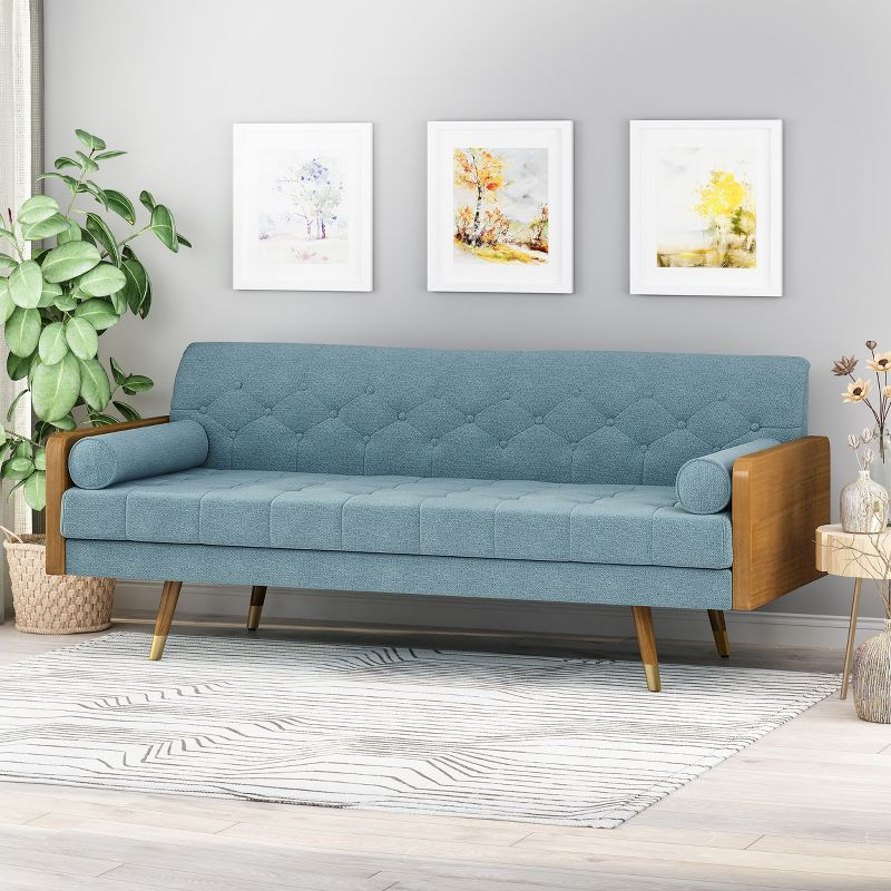 GDFStudio Aidan Mid Century Modern 72.25" Tufted Upholstered 3 Seater Sofa，Blue/Dark Walnut/Gold