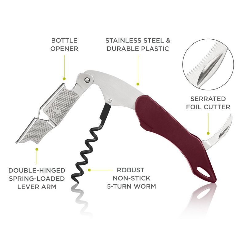 True Sommelier Waiter’s Corkscrew, Burgundy Stainless Steel Spring Loaded Wine Key