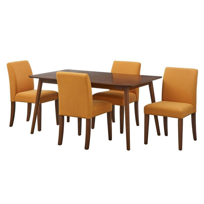 Buylateral 5pc Estelle Rectangular Dining Set Walnut/Sunflower Yellow: Upholstered Chairs, Rubberwood Frame, Foam Fill