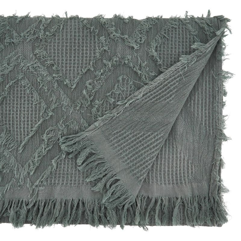 72" x 16" Cotton Waffle Weave Fringed Table Runner Blue: Geometric Abstract Rectangle - Saro Lifestyle