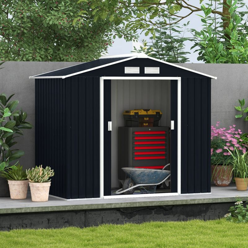Outsunny 7' x 4' Metal Storage Shed Organizer, Garden Tool House with 4 Vents and 2 Sliding Doors for Backyard, Patio, Garage, Lawn, Dark Gray