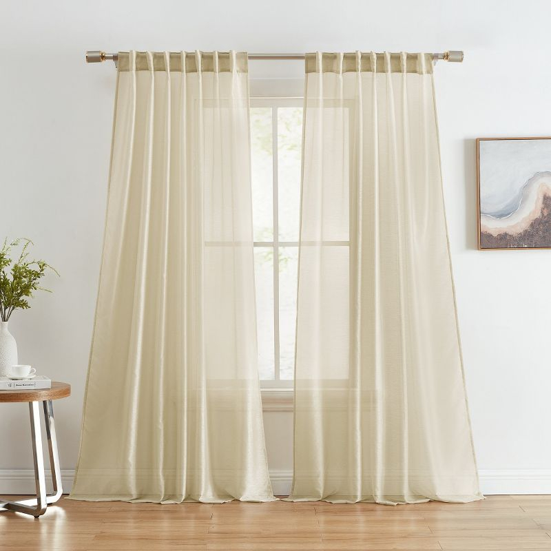 HLC.ME Lauren Semi Sheer Light Filtering Transparent Pocket Top & Back Tab Lightweight Window Curtain Panels, Set of 2 - Beige, 54 W x 63 L
