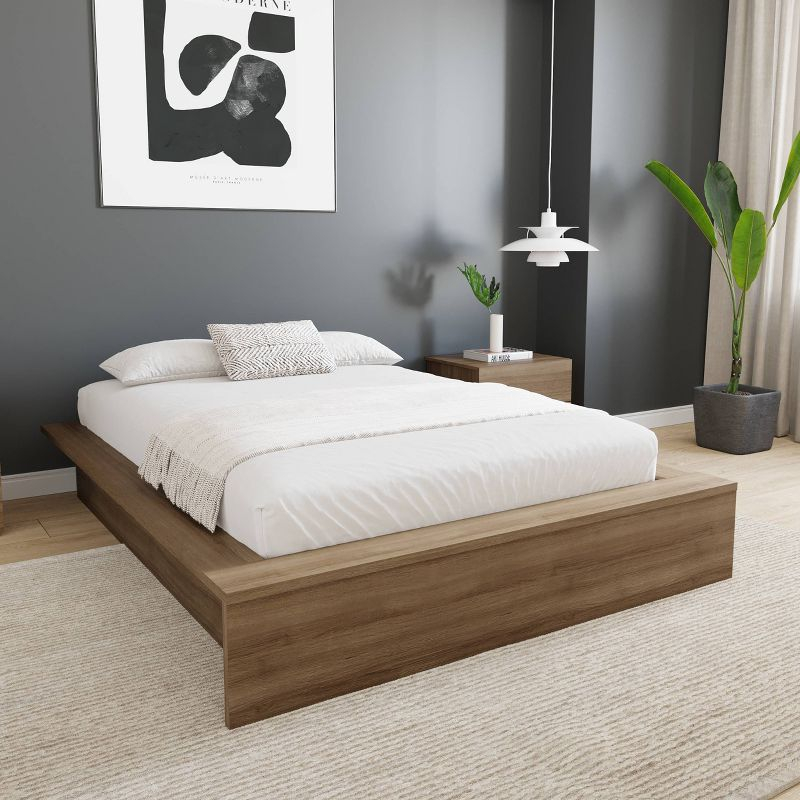 Nexera Full James Platform Bed Brown Oak: Modern Unupholstered Particle Board Frame, No Box Spring Needed