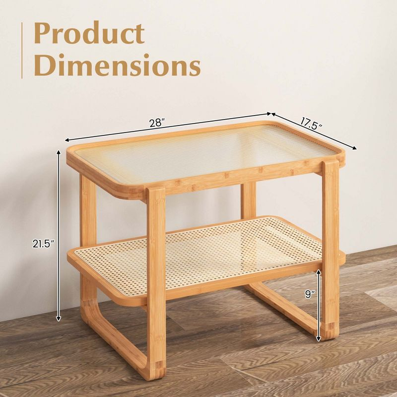 Costway 2 PCS Bamboo Side Table Rattan Shelf Glass Top Nightstand Small Sofa End Table