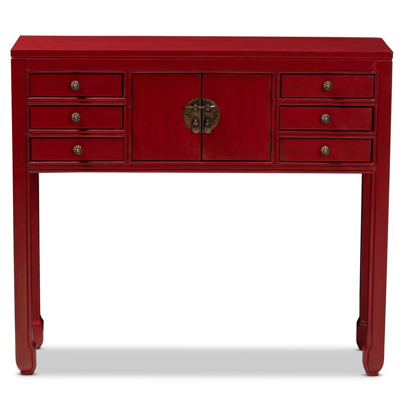 Melodie 6 Drawer Console Table Red - Baxton Studio: Antique-Inspired, Bayur Wood, Bronze Handles