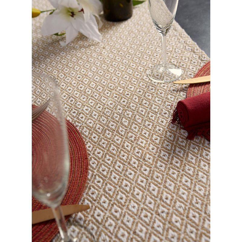 Design Imports  Mini Diamond Jacquard Fringe Table Runner, Stone, 15X72"