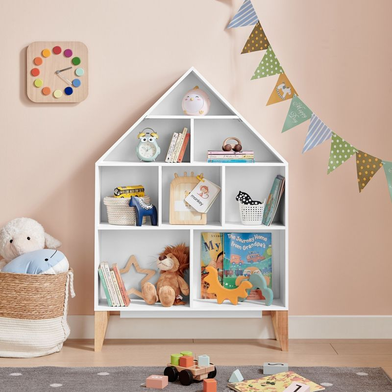 Steiner White Dollhouse 8-Compartment Kids Book or Toy Figure Display Unit Freestanding Bookshelf with Beech Legs