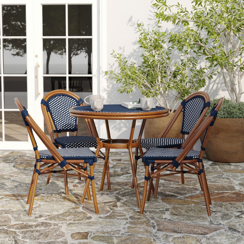 Merrick Lane Sacha Bistro Style Table with Glass Top, Navy & White PE Rattan, 2 Stack Chairs, and Bamboo Finished Metal Frame for Indoor/Outdoor Use