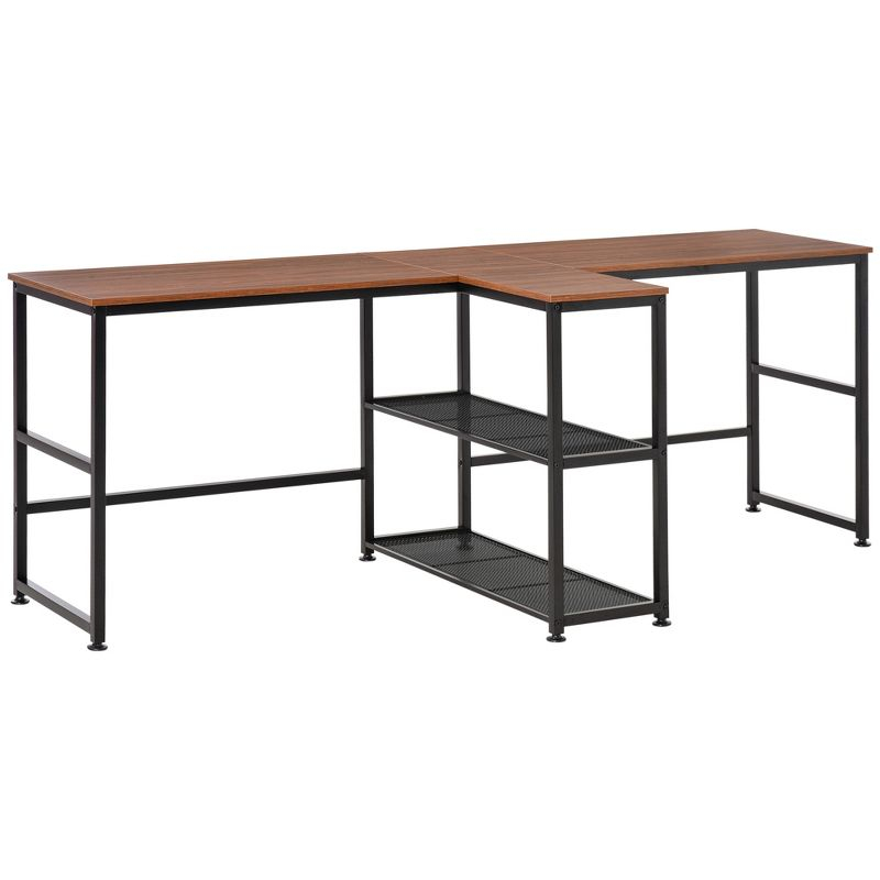 HOMCOM 83" Two Person Computer Desk with 2 Storage Shelves, Double Desk Workstation with Book Shelf,  Long Desk Table for Home Office, Dark Walnut