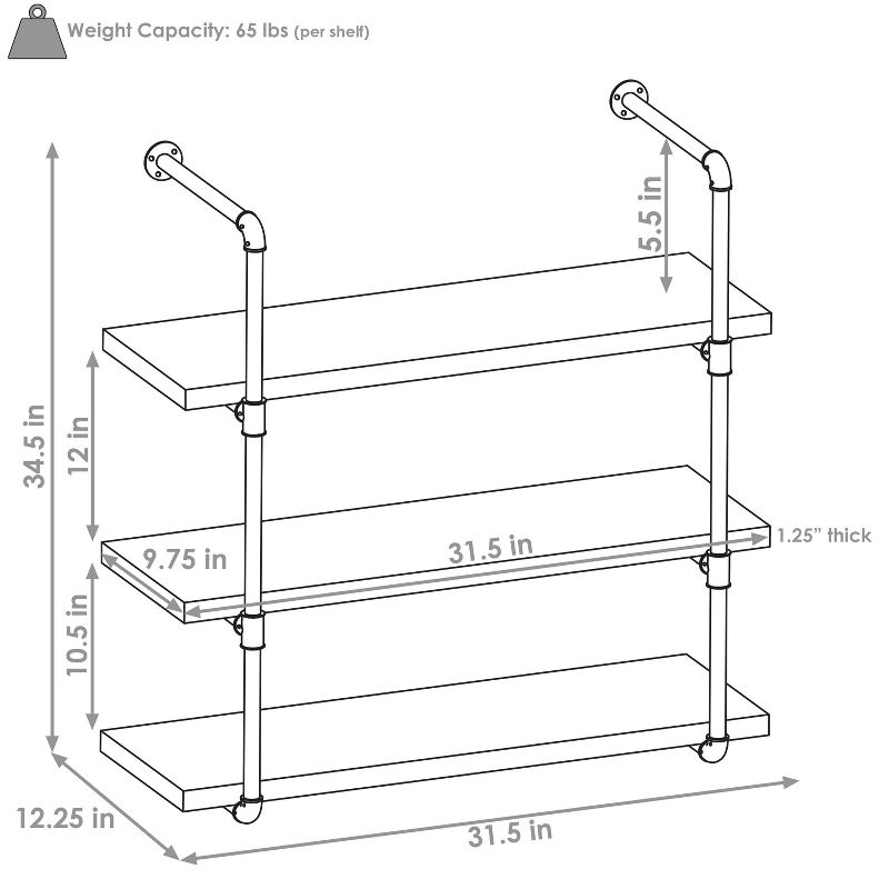 Sunnydaze 3 Shelf Industrial Style Pipe Frame Wall-Mounted Floating Shelf with Wood Veneer Shelves