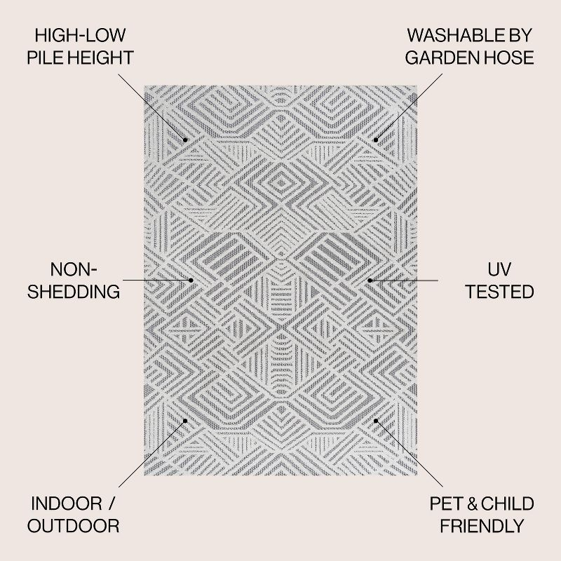 4'x6' Jordan High-Low Pile Art Deco Geometric Indoor/Outdoor Area Rug, White/Black - JONATHAN Y