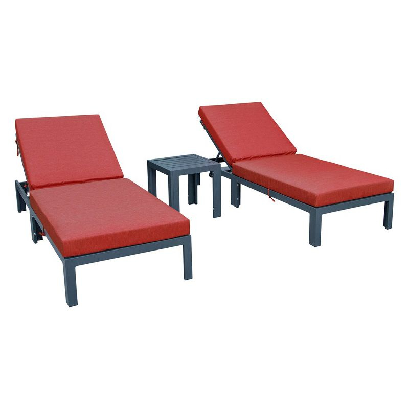 LeisureMod Chelsea Modern Outdoor Chaise Lounge Chair Set with Side Table, Black Aluminum – Set of 2 in Red
