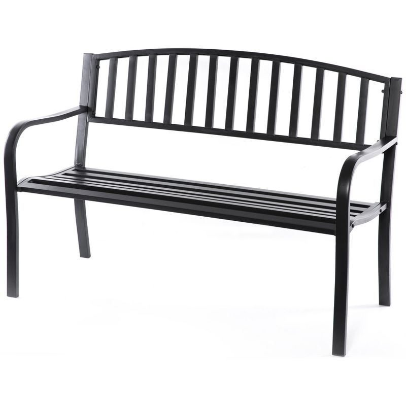 Steel Garden Park Bench Cast Iron Frame Patio Lawn Yard Decor, Black Seating Bench for Yard, Patio, Garden, Balcony, and Deck