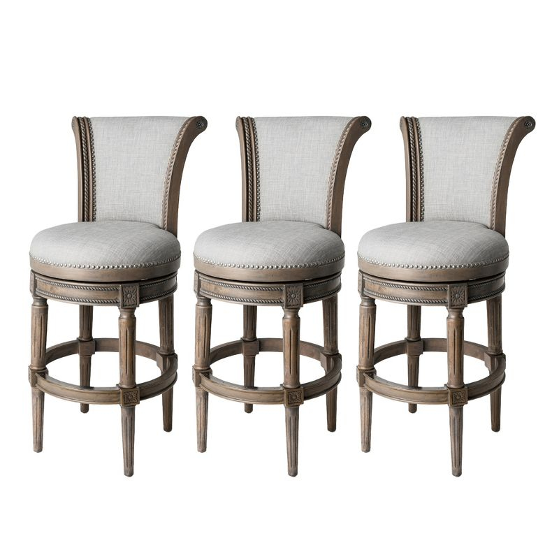 Maven Lane Pullman 31 Inch Tall Bar Height Upholstered Barstool with Back in Reclaimed Oak Finish with Ash Grey Fabric Cushion Seat, Set of 3