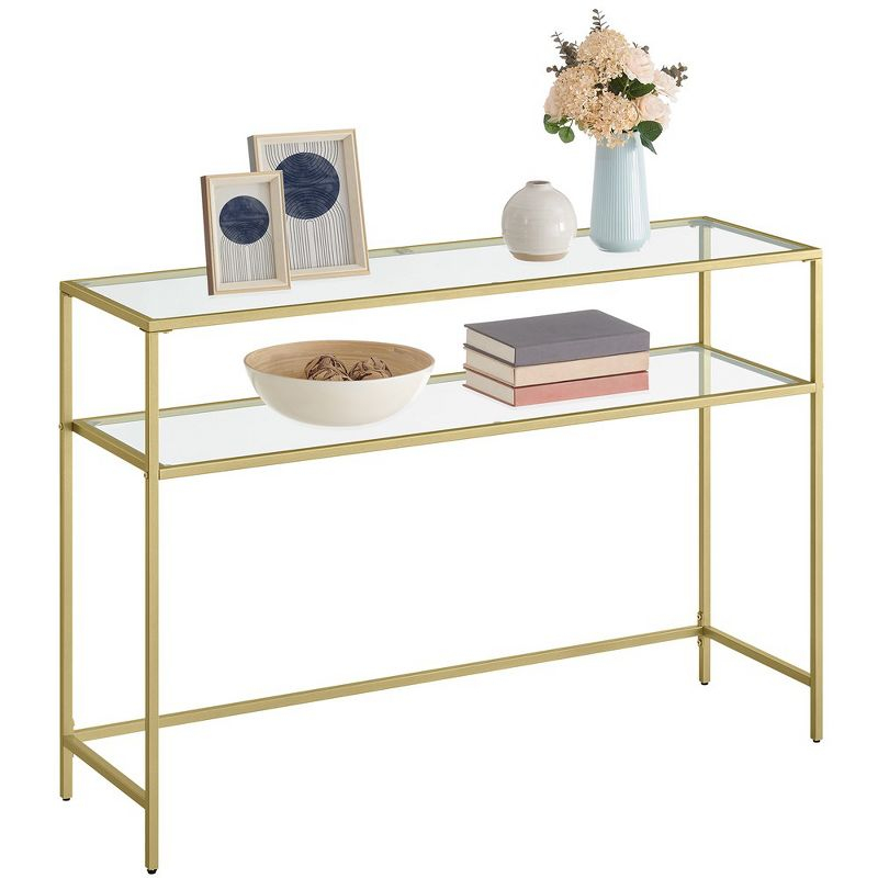 VASAGLE Console Sofa Table, Modern Entryway Table, Tempered Glass Table, Metal Frame 13.8 x 39.4 x 31.5 inches Gold