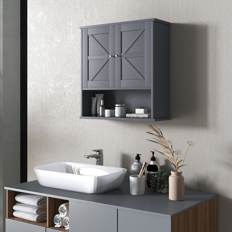 kleankin Bathroom Wall Cabinet, Farmhouse Medicine Cabinet with Open Shelf & Adjustable Shelf, Storage Cupboard for Laundry Room, Gray