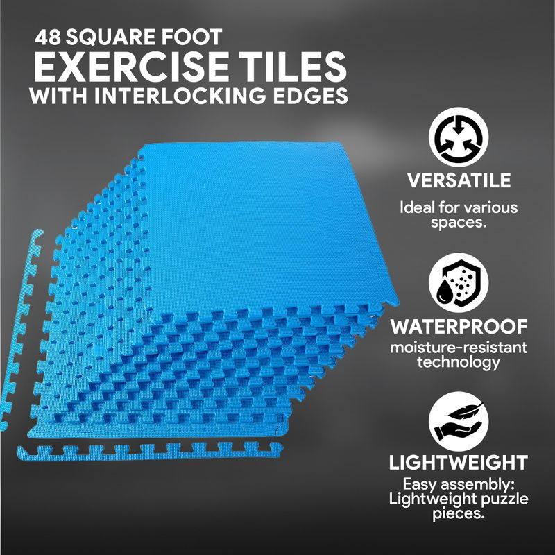 BalanceFrom Fitness 48 Square Foot Interlocking Extra Thick 1/2 Inch High Density Slip Resistant Exercise Mat Tiles with 12 24 x 24 Inch Pieces, Blue