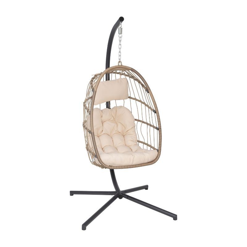 Emma and Oliver Foldable Hanging Egg Chair with Natural Woven Finish, Removable Cream Cushions, and Included Stand for Indoor and Outdoor Use