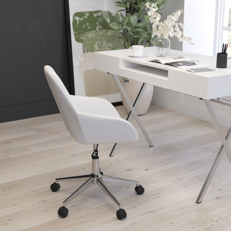 Merrick Lane Home Office Bucket Style Chair with White Faux Leather Upholstery and 360 Degree Rotating Swivel On Chrome Frame