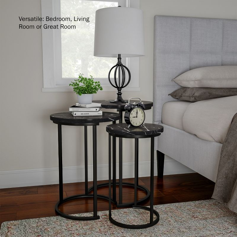 Hastings Home Set of 3 Round Living Room End Tables – Modern Faux Marble Top and Black Metal Base Nesting Tables or Nightstands