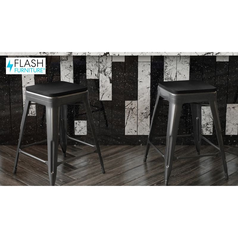 Flash Furniture Kai Commercial Grade 24" High Backless Orange Metal Indoor-Outdoor Counter Height Stool with Teak Poly Resin Wood Seat