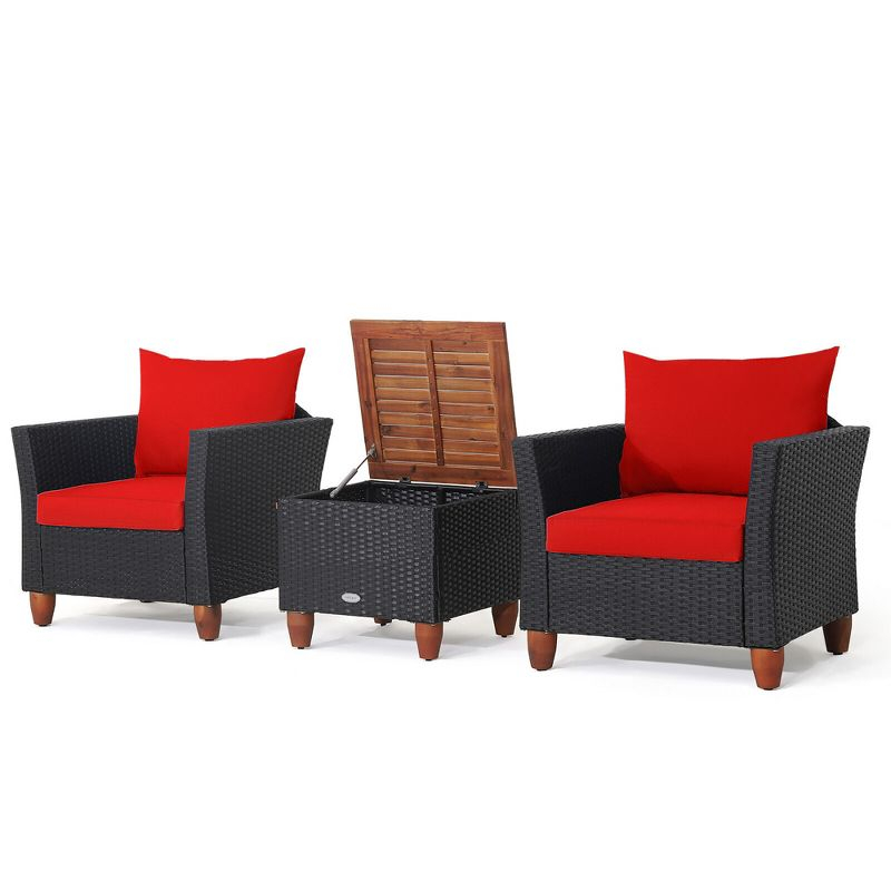 Tangkula 3PCS Patio Rattan Conversation Set Outdoor Furniture Set w/ Red Cushions