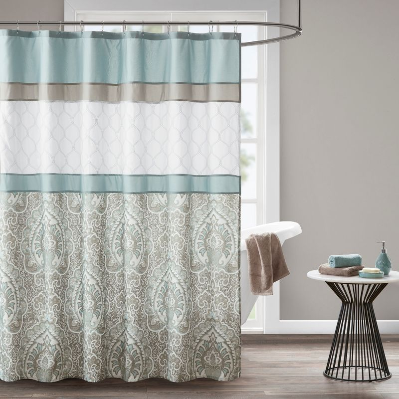 Stacie Embroidered Shower Curtain Seafoam - 510 Design: Paisley Microfiber, Easy Care, Buttonhole Top