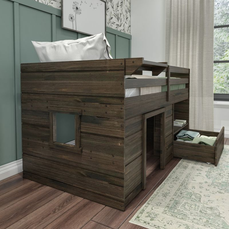 Max & Lily Loft Bed Twin Size Solid Wood Platform Bed Frame for Kids with Storage Drawer, Barnwood Brown