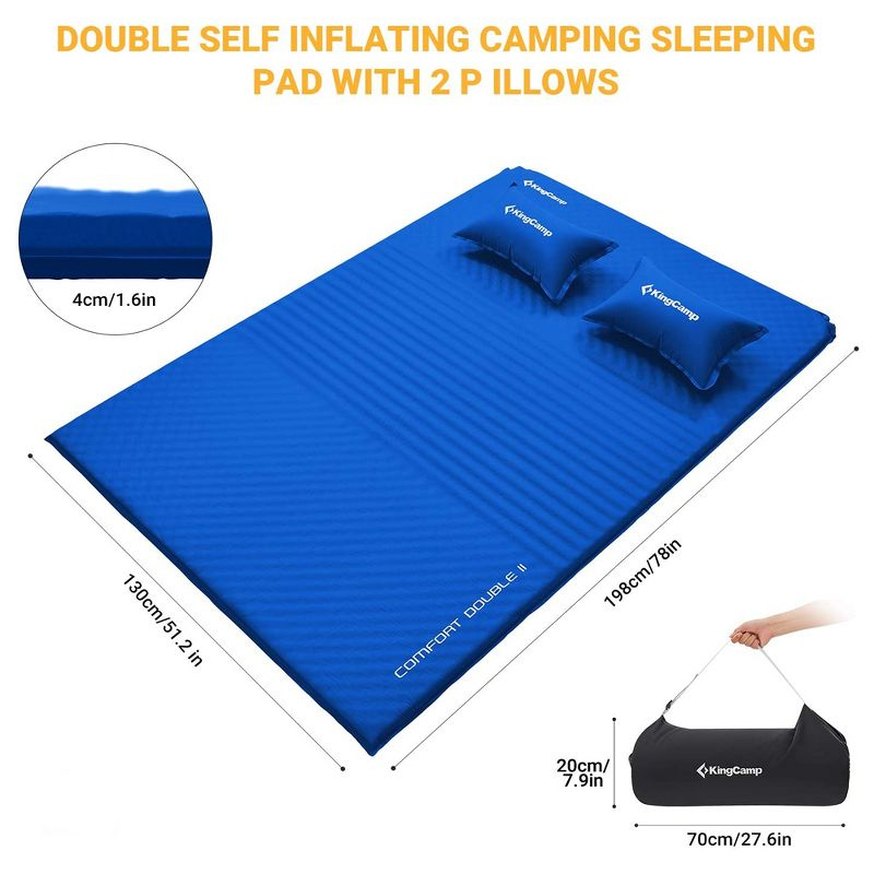 KingCamp Double Self Inflating Compact Folding Ultralight Outdoor Camping Sleeping Mattress Pad with 2 Pillows and Carry Bag, Blue