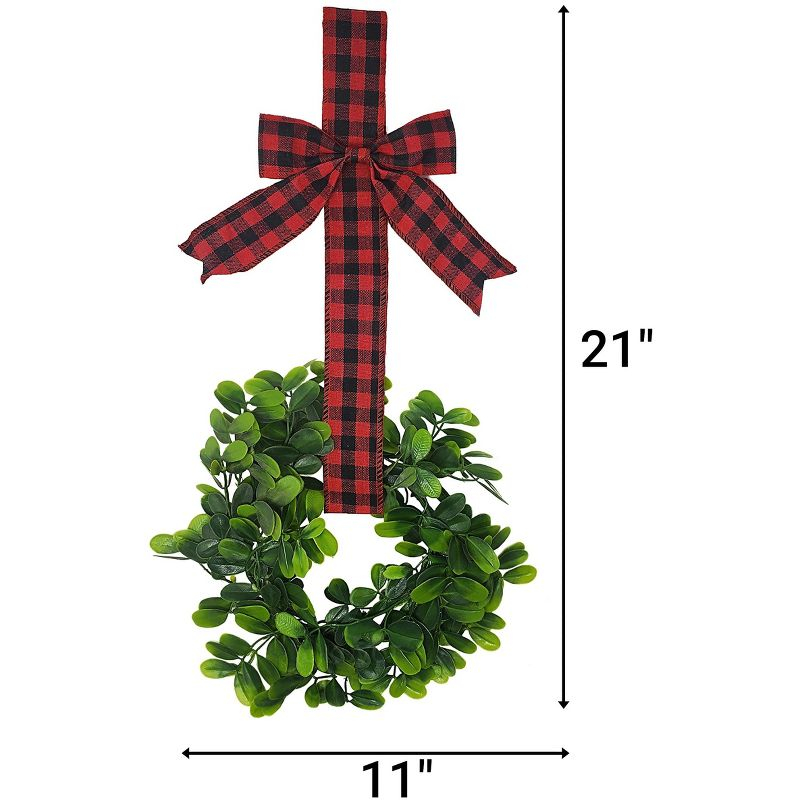 KOVOT Set of 4 Hanging Wreaths with Plaid Ribbon Bow. Christmas Decoration for Cabinets, Behind Chairs, Doors, Railings & Windows - Black & Red