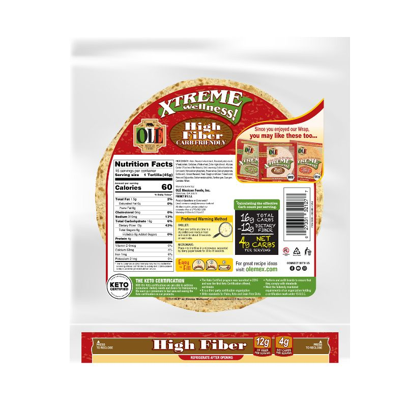 Ole Xtreme Wellness High Fiber Low Carb Keto Friendly Tortilla Wraps - 12.7oz/8ct