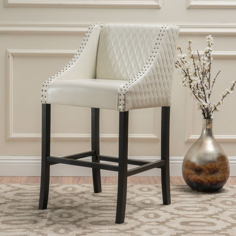 Christopher Knight Home 28" Milano Quilted Bonded Leather Barstool Ivory: Upholstered, Padded Back, Hardwood Frame