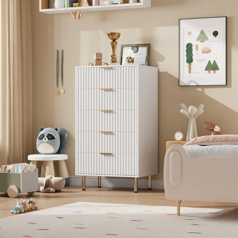 Garvee Fluted 5 Drawer Dresser for Bedroom, 48" Tall Modern Chest of Drawers, Wooden Dresser Organizer for Living Room, Hallway, Kids Room, White