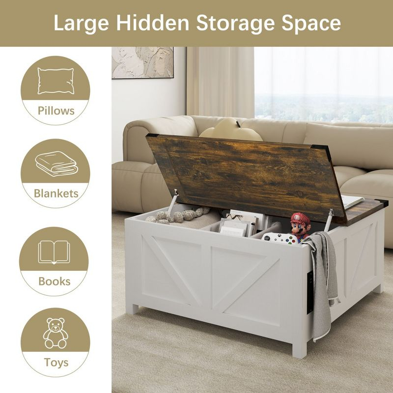 35'' Farmhouse Lift Top Coffee Table, Coffee Table with Storage and Large Hidden Storage, Square Coffee Table with Charging Station&USB Ports