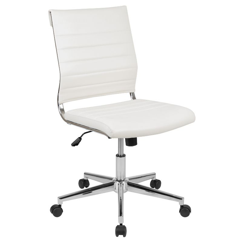 Merrick Lane White Ergonomic Swivel Office Chair Ribbed Faux Leather Back and Seat Mid-Back Armless Computer Desk Chair with Chrome Base