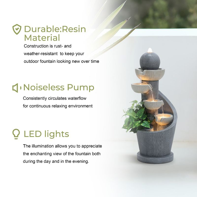 LuxenHome Gray Resin Spiral Sculpture with Bubbler 5-Tier Outdoor Fountain with Lights