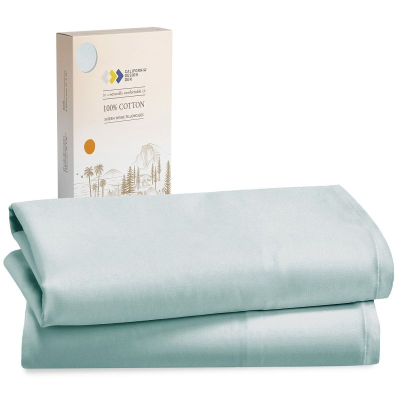 100% Cotton Seafoam Pillow Cases Standard Size / Queen Size Set of 2 Soft & Cooling Sateen Weave by California Design Den