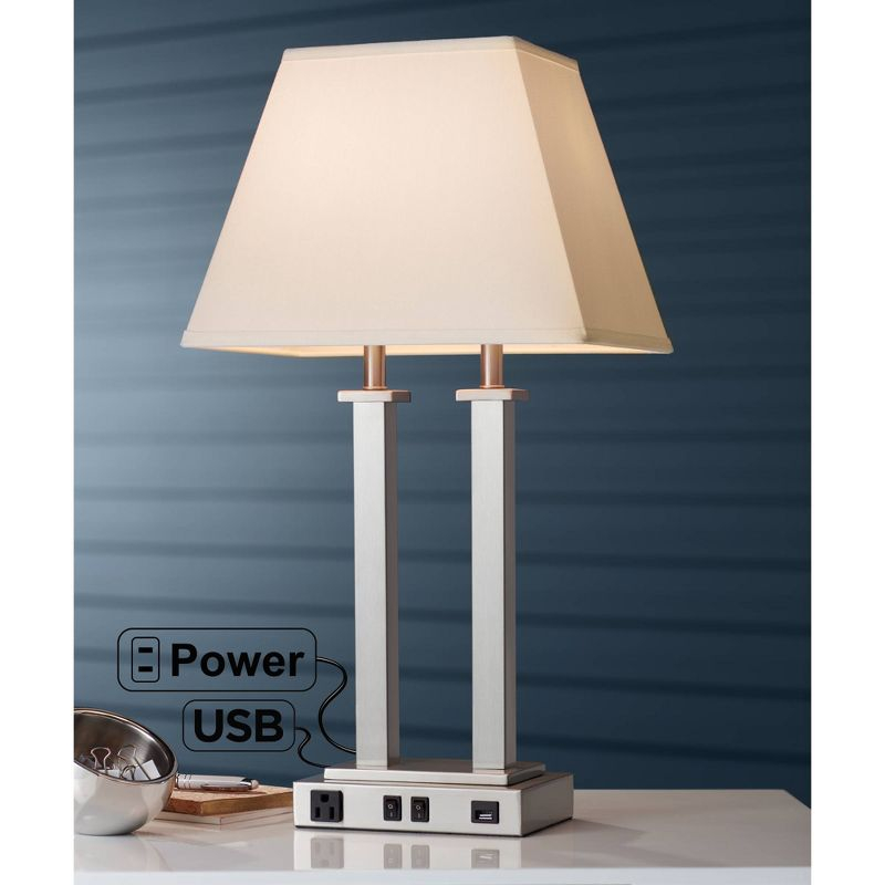 Possini Euro Design Amity Modern Table Lamp 26" High Brushed Nickel with USB and AC Power Outlet in Base White Linen Shade for Bedroom Bedside Desk