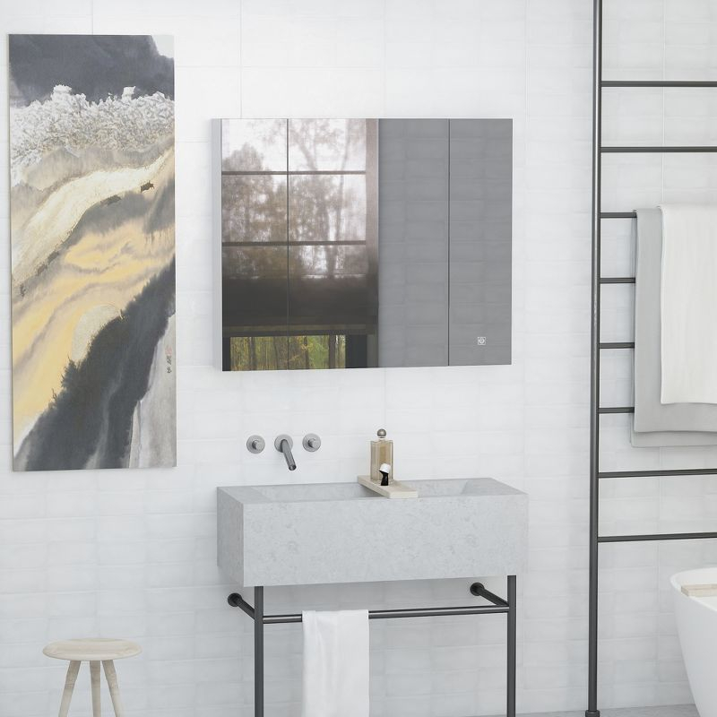 kleankin LED Medicine Cabinet, Wall-Mounted Bathroom Vanity Mirror Organizer with Dimmer Touch Switch, Three Doors, and USB Charged, White