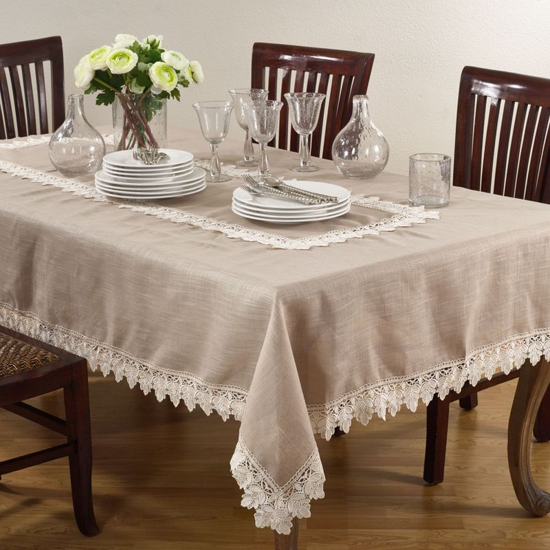 Saro Lifestyle Lace Trimmed Tablecloth, Taupe, 65" x 180"