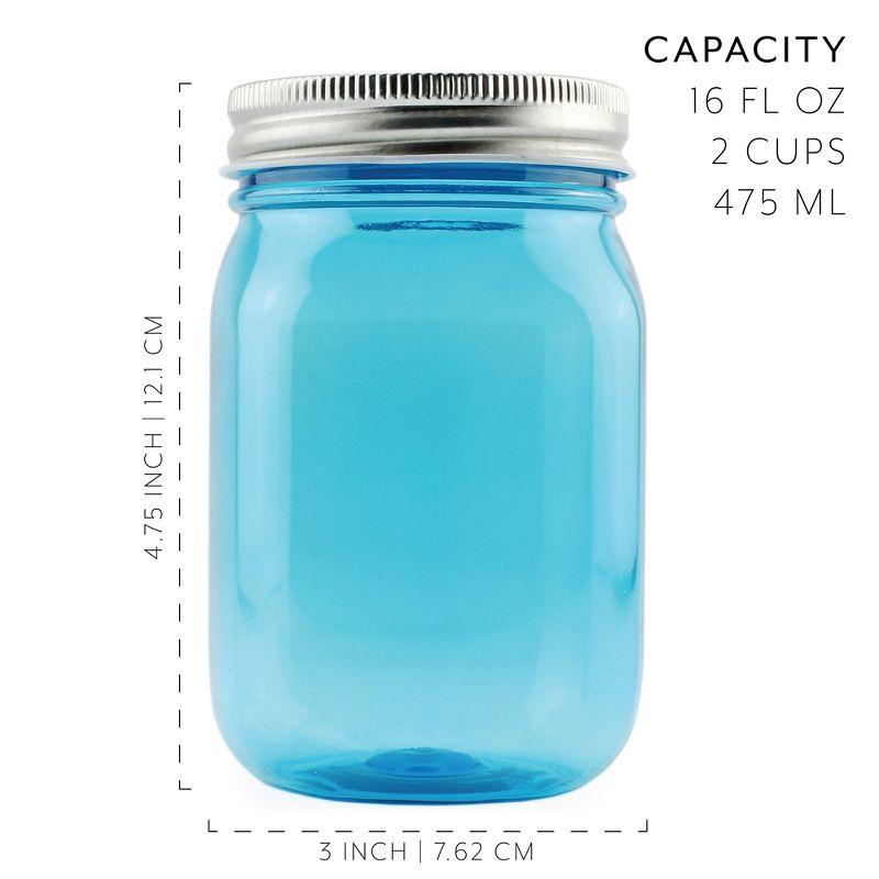 Cornucopia Brands 16oz Plastic Mason Jars 8pk, Blue/Silver; Mason Jar Style w/ Metal Lids, Pint Size, Compatible w/ Regular Mason Jar Lids