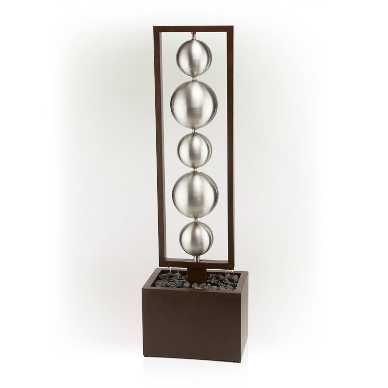 55" Metal Modern Column Fountain with Stainless Steel Orbs Silver/Brown - Alpine Corporation: Electric-Powered