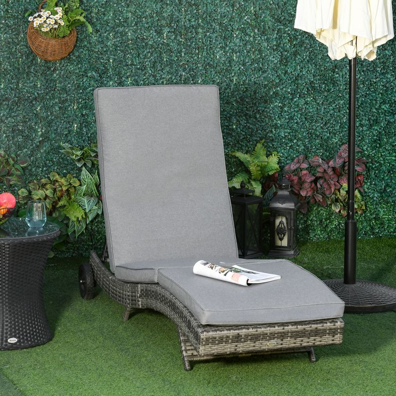 Outsunny Patio Wicker Chaise Lounge Chair, Outdoor PE Rattan Sun lounger w/ 5-Level Adjustable Backrest & 2 Wheels for Easy Movement, Mixed Gray