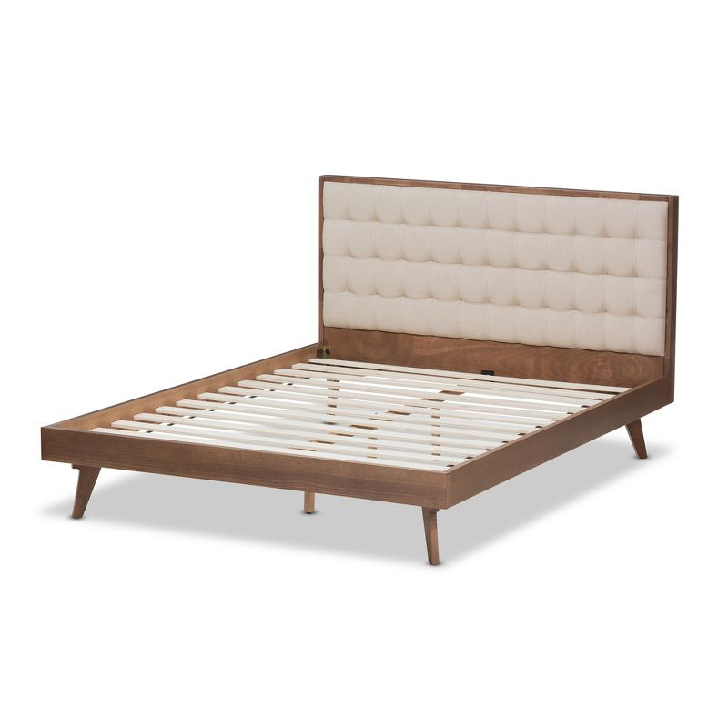Soloman Mid - Century Modern Fabric and Walnut Finished Wood Platform Bed - Baxton Studio