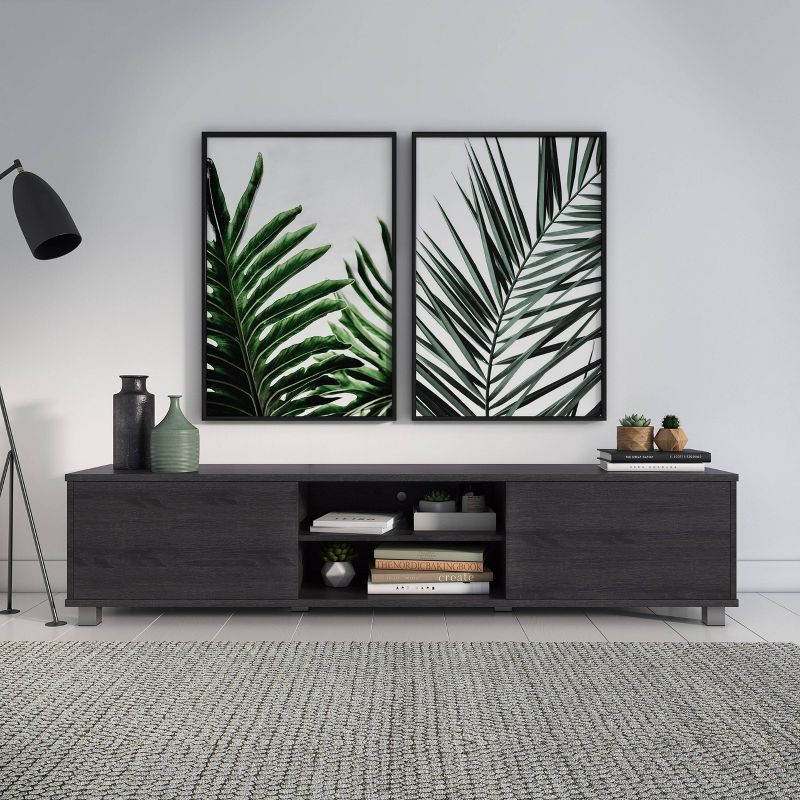 CorLiving Hollywood TV Stand for TVs up to 85" with Doors Wood Grain Dark Gray: Modern Media Console, Adjustable Shelves