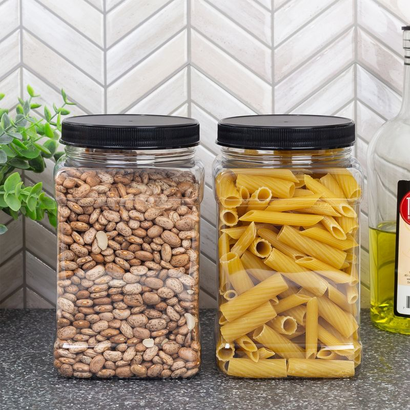 Cornucopia Brands 48oz Square Plastic Jars 3pk; Clear Rectangular 6-Cup Canisters w/ Black Lids, Easy-Grip Side
